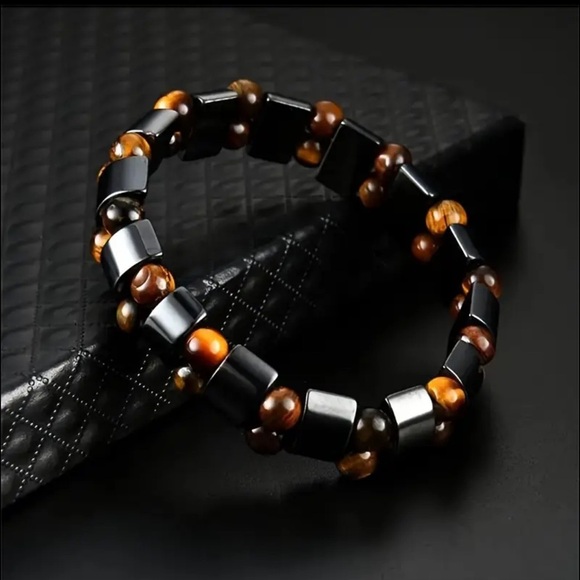 Unisex Double Hematite Tiger's Eye Cool Stone Bracelet - NWT - Picture 2 of 5